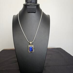 Blue Cat’s Eye Glass Pendant Necklace | Gold Tone & Silver Rope Chain | Art Deco